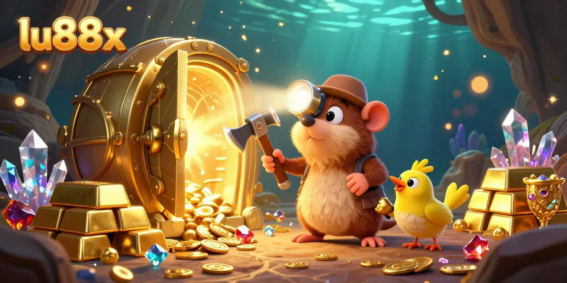 Engage with exciting gaming adventure at lu88x featuring a treasure hunter mole and sparkling gems in a magical casino scene.