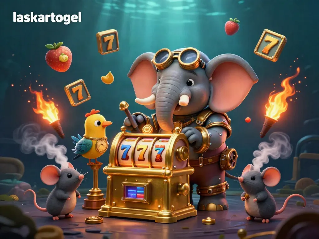 Experience exciting gameplay at laskartogel with a steampunk elephant operating a golden slot machine game.