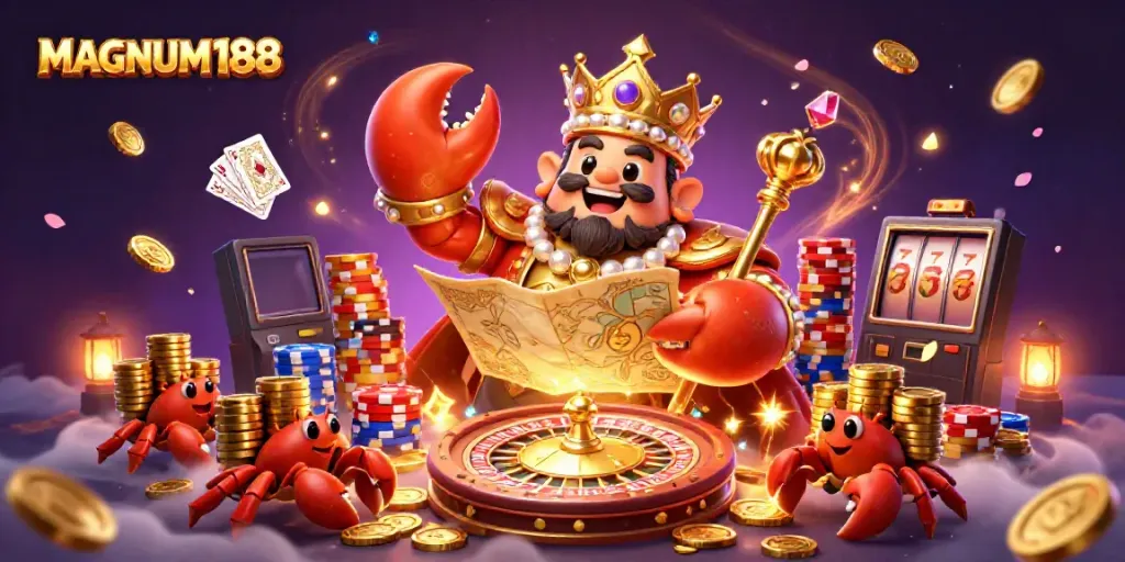 Experience the thrill of MAGNUM188 with a stunning illustration of a golden crab emperor amidst casino elements.