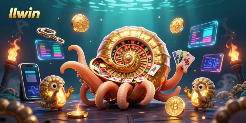 Experience the thrill of llwin with vibrant casino elements and a dynamic golden nautilus in a 3D underwater scene.