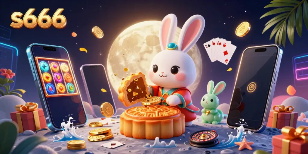 Experience the thrill of s666 with a moon rabbit playing poker on the lunar surface, surrounded by vibrant casino elements.
