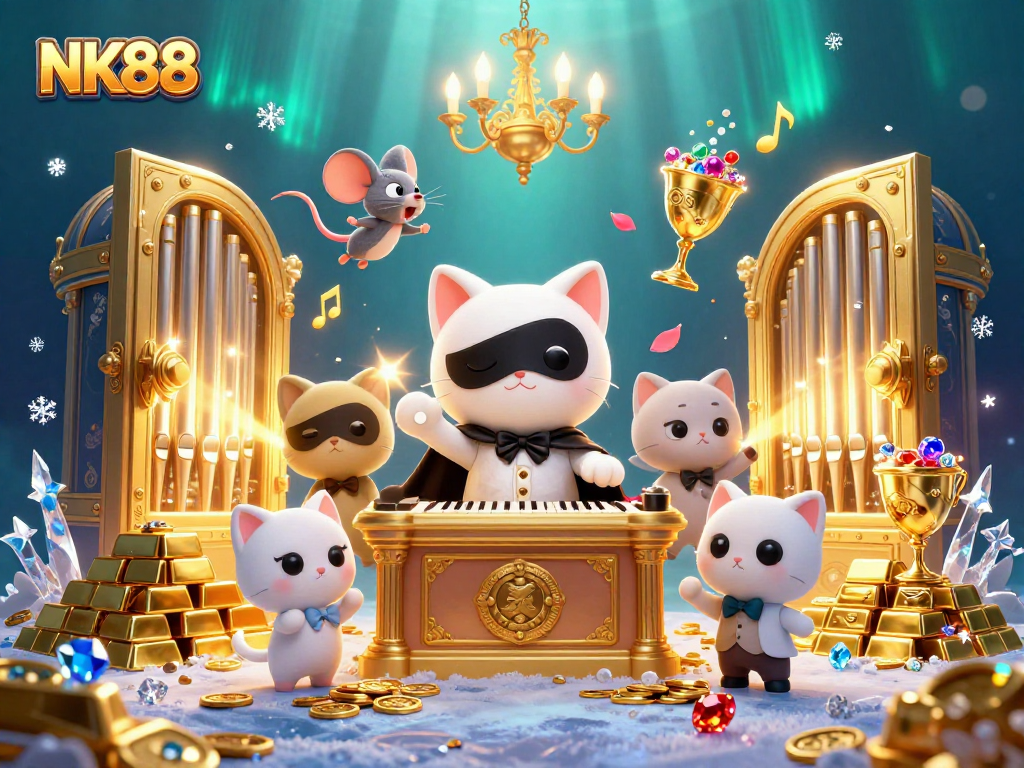 Experience thrilling wins with NK88 as golden treasures surround the phantom cat in an enchanting casino scene.