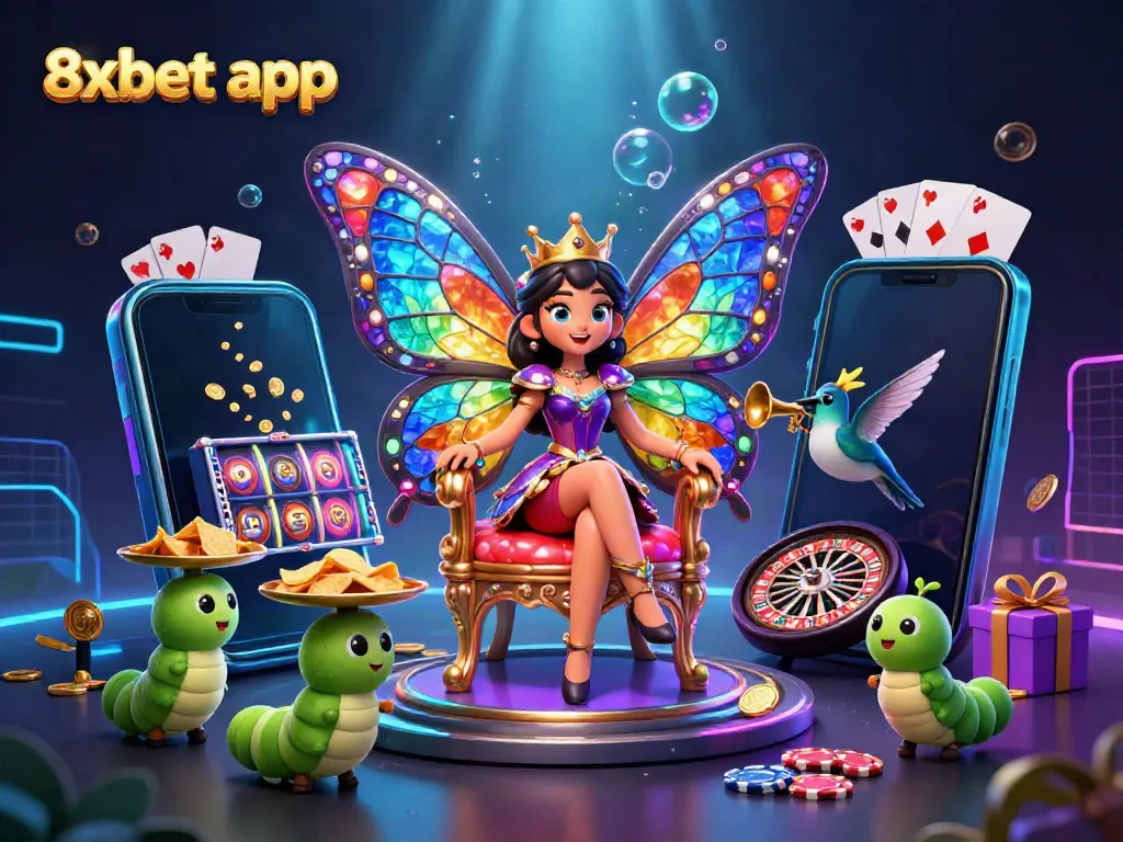Spin colorful slot reels and win with 8xbet app in this vibrant casino illustration.