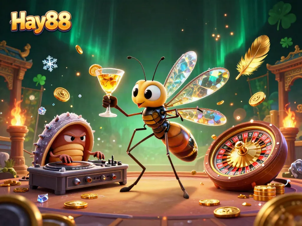 Experience the vibrant Hay88 casino world with a dynamic scene featuring exciting characters and elements.