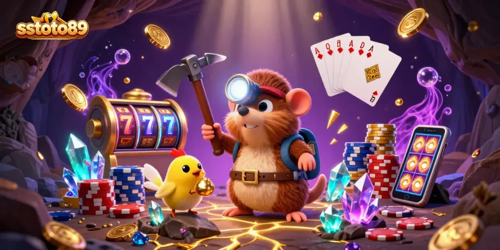 sstoto89 menampilkan penambang harta karun dengan serangkaian simbol slot, koin emas, dan kartu royal flush.