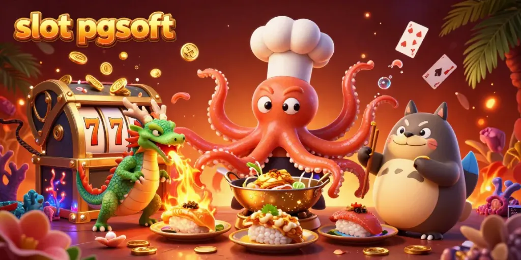 Engage with the vibrant world of slot pgsoft featuring a dynamic casino scene with an octopus chef and floating slot reels.