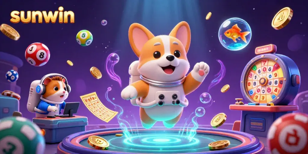 Experience the thrill of sunwin with a playful corgi in a cosmic casino filled with exciting games and floating prizes.