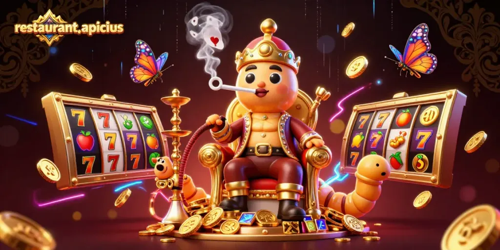 Engage with restaurant-apicius through an exciting 3D slot gambling illustration featuring vibrant game elements.