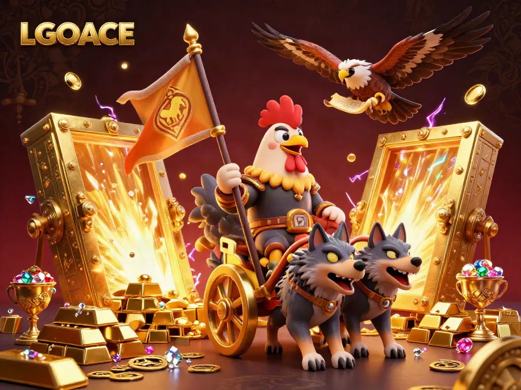 LGOACE offers thrilling gaming experiences with vibrant illustrations of a rooster warlord and treasure elements.