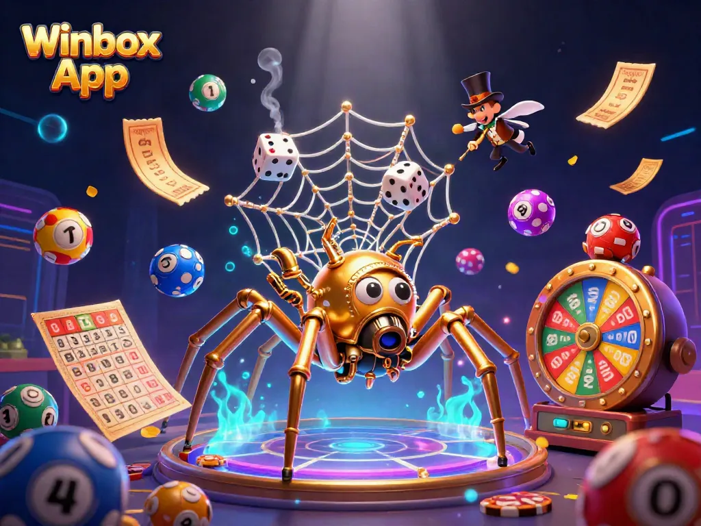 Engage with the Winbox App as a golden spider shapes a web of casino games in stunning 3D.
