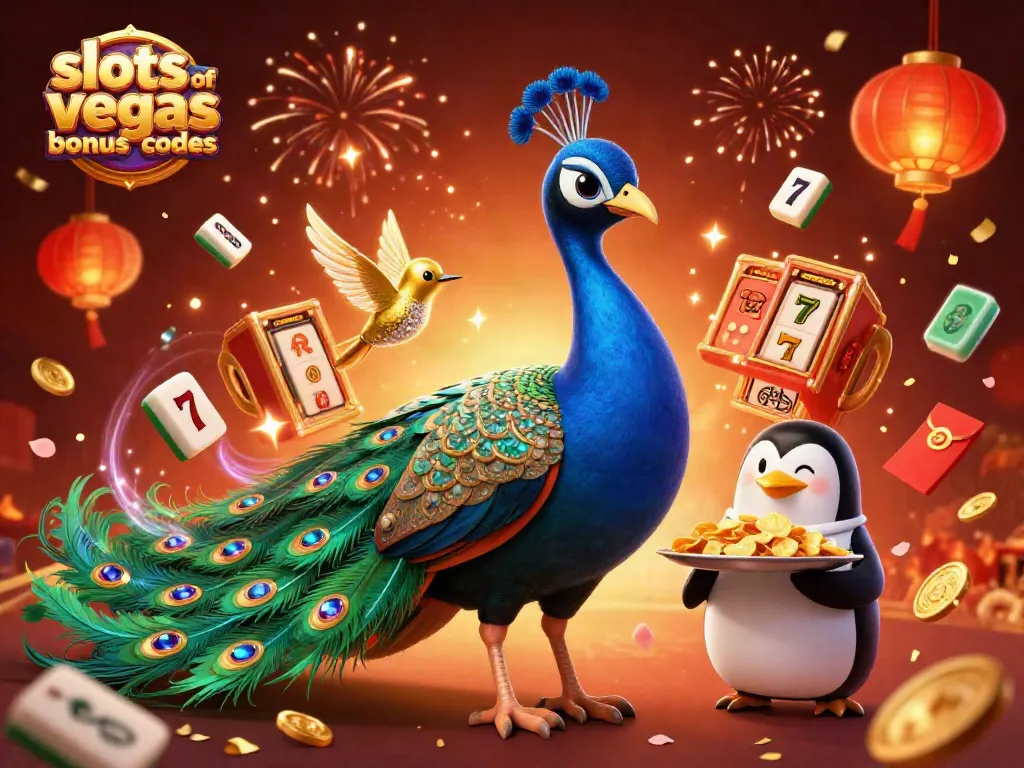 Engage with slots of vegas bonus codes through a vibrant casino-themed illustration featuring festive elements.