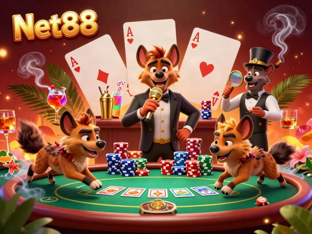 Experience excitement at the Net88 comedy casino where hyenas engage in lively games and interactions.