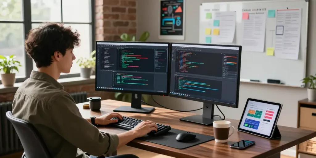 Developer coding and collaborating in modern workspace with ALO8APP WIN displayed on screens.