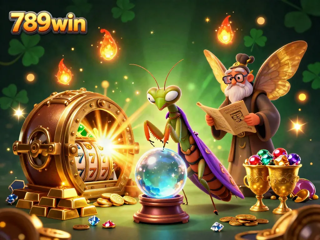 Experience the magic of 789win with a cartoon fortune teller, golden treasures, and magical oracles.