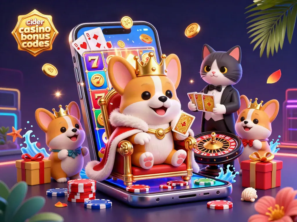 Cider casino bonus codes depicted with cartoon royalty and slot games creating a vibrant gaming atmosphere.