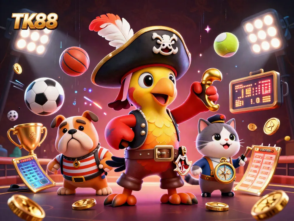 Engagement in sports betting excitement with TK88 in a vibrant and action-filled scene, showcasing dynamic gaming elements.