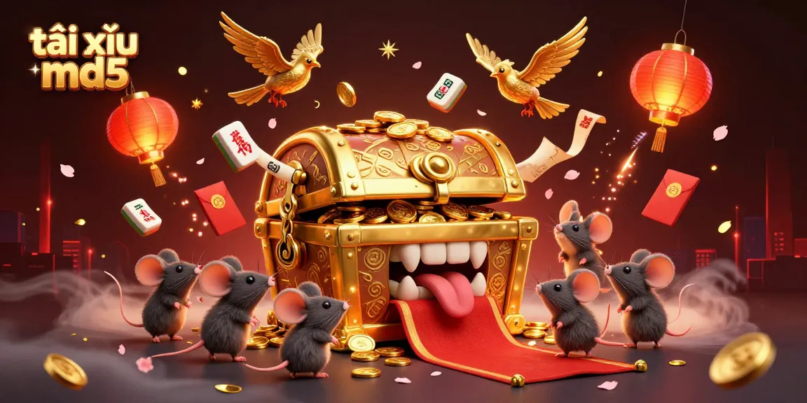 Engage in tài xỉu md5 with this vibrant 3D illustration highlighting a golden treasure chest and casino elements.