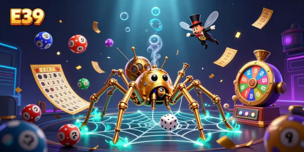 E39 captures the excitement of gaming with colorful lottery elements and a whimsical steampunk spider illustration.