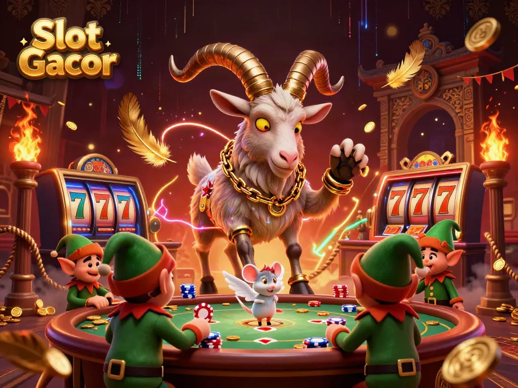 Engage in the exciting world of Slot Gacor with Krampus goat and mischievous gremlins in a dynamic casino scene.