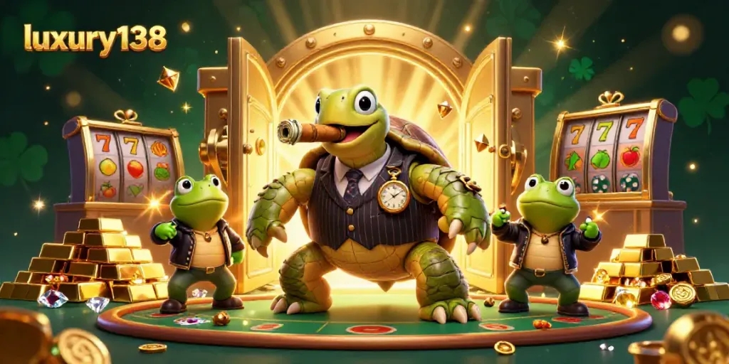 Engage in vibrant casino action with luxury138's massive snapping turtle surrounded by treasure and lights.