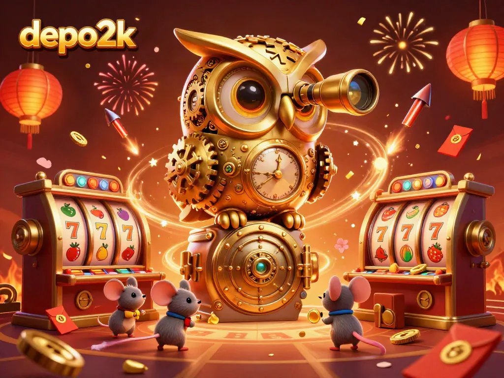 Experience thrilling games at depo2k with a whimsical scene featuring a golden owl in a festive casino.