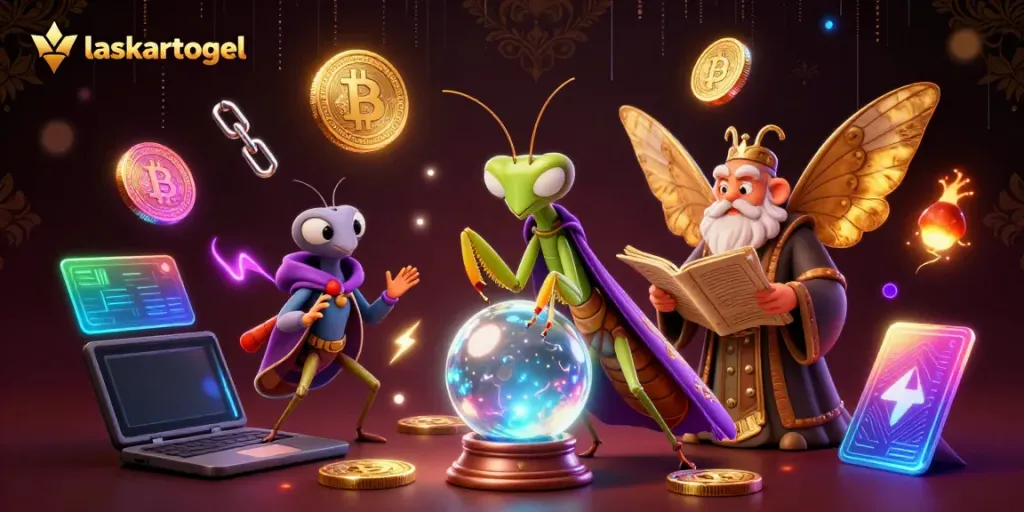 Engage with exciting games at laskartogel, featuring futuristic characters amidst vibrant crypto symbols.