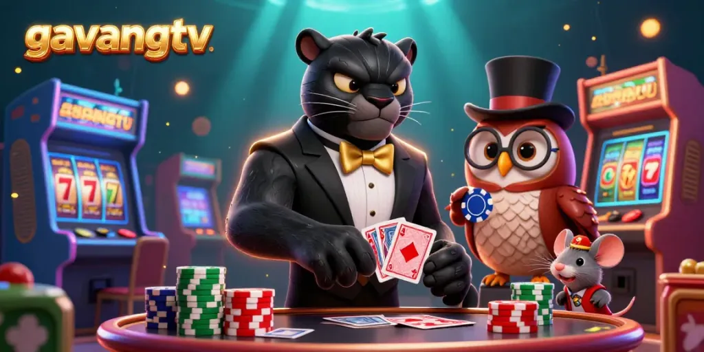 Experience thrilling casino action with GavangTV's dynamic 3D illustration featuring vibrant characters and gaming elements