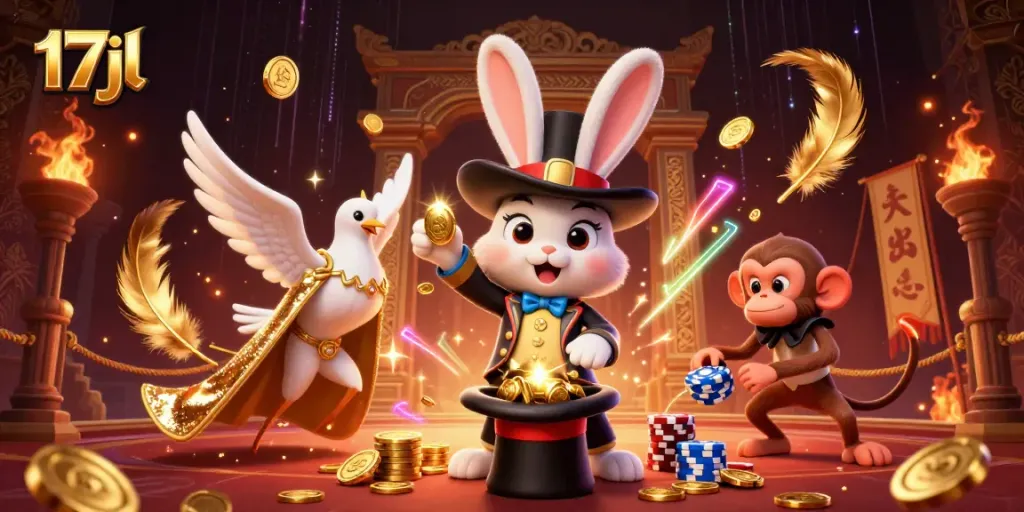Experience the excitement of 17jl with a magician rabbit pulling coins, a dove, and a monkey amidst a dynamic casino scene.
