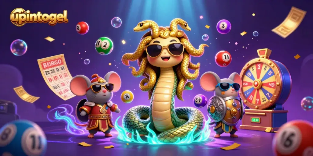 Ikuti aksi menarik dari upintogel dengan karakter Medusa dan tikus pejuang dalam ilustrasi kasino.
