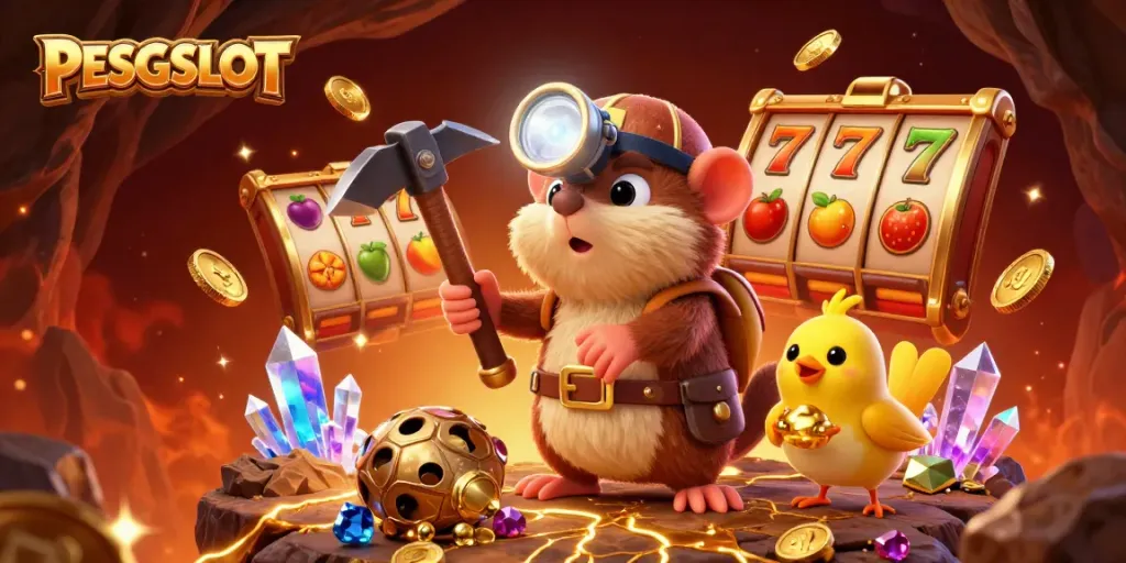 Gali kemenangan menggunakan PESGSLOT dengan pencari harta 3D dan simbol slot yang berkilau.