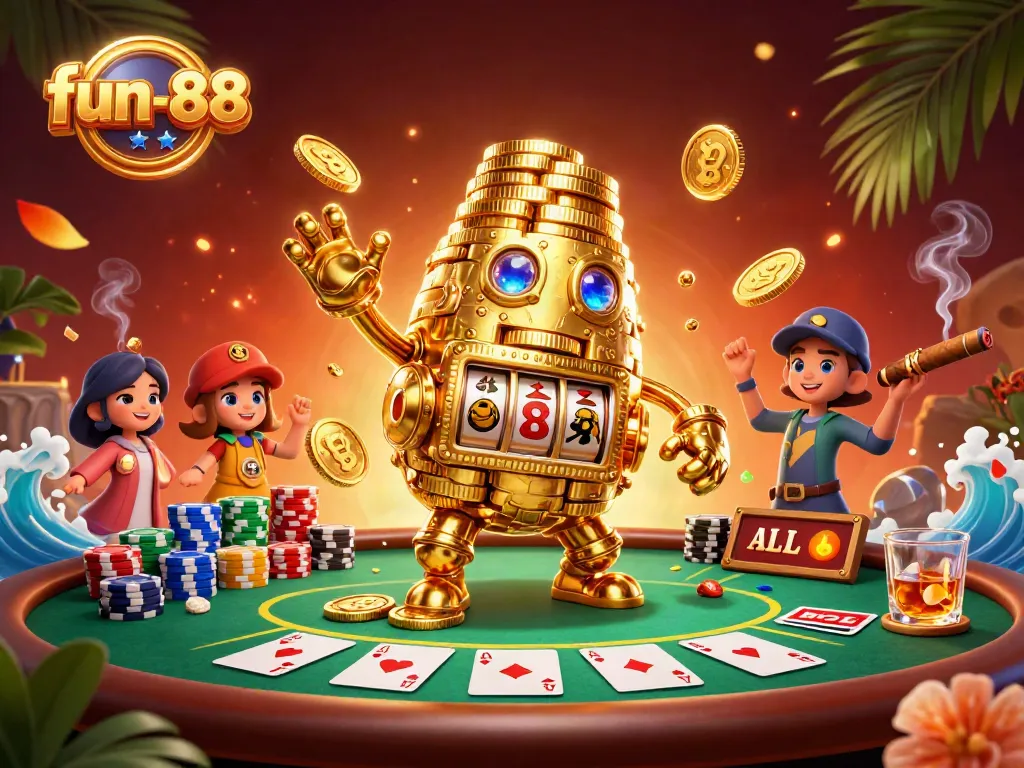 Experience the excitement of fun-88 with a golem made of golden coins amidst vibrant casino elements.