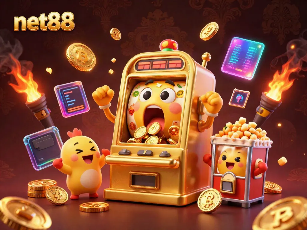 Experience the excitement of net88's golden jackpot slot machine scene with cheering companions and dazzling game elements.