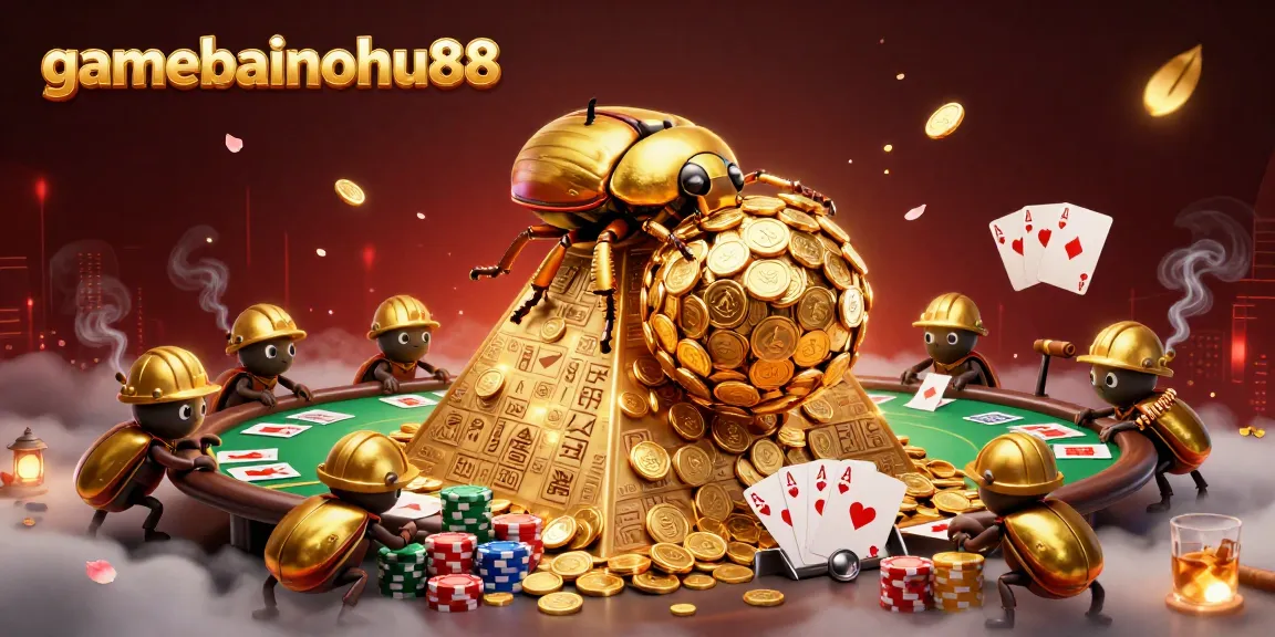 Experience thrilling gaming action with gamebainohu88 as golden beetles roll riches atop a pyramid in a vibrant casino scene.