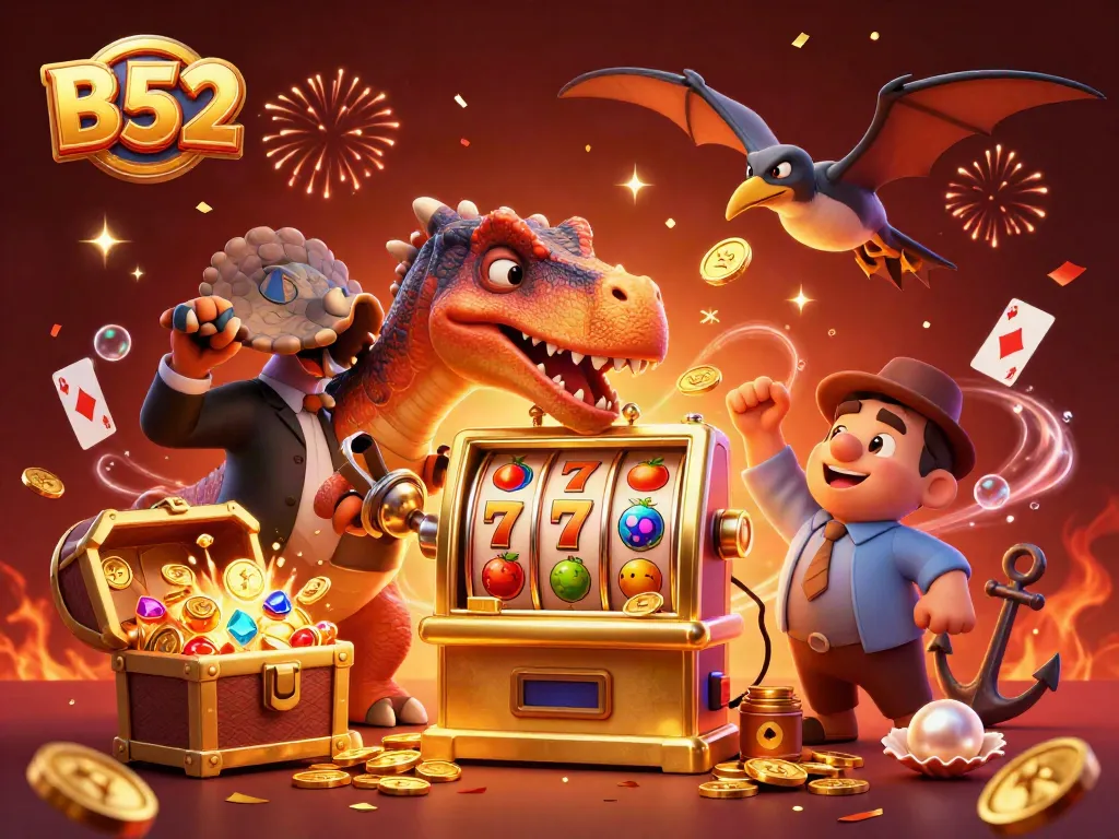 B52 players enjoy a thrilling jackpot win while vibrant slot reels and golden coins burst around them.