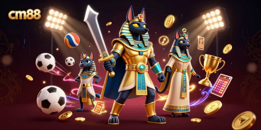 Experience cm88 thrilling moments in a vibrant 3D casino with sports action, golden trophies, and ancient warrior charm.