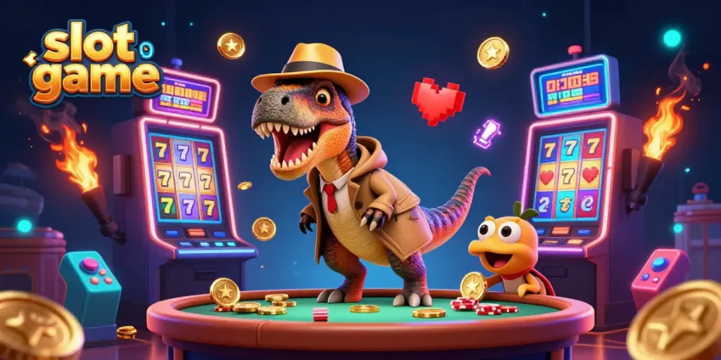 Menangkan slot game dengan velociraptor kartun dan stegosaurus di kasino yang penuh warna.