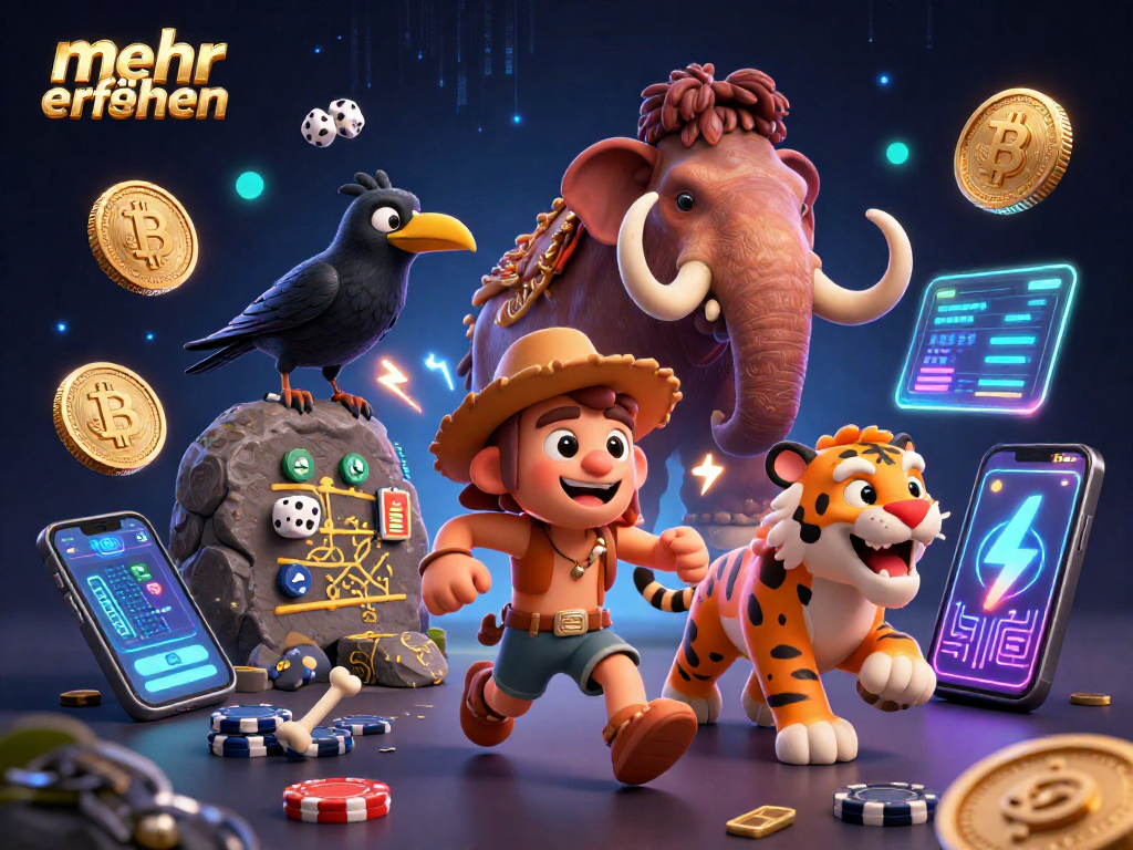 Experience excitement at the prehistoric casino with mehr erfahren insights, featuring cavemen and crypto elements.
