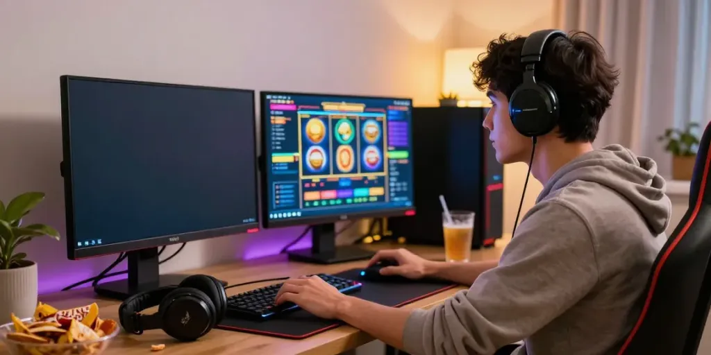 A young adult deeply engaged in an akunjp slot game on a vibrant gaming setup.