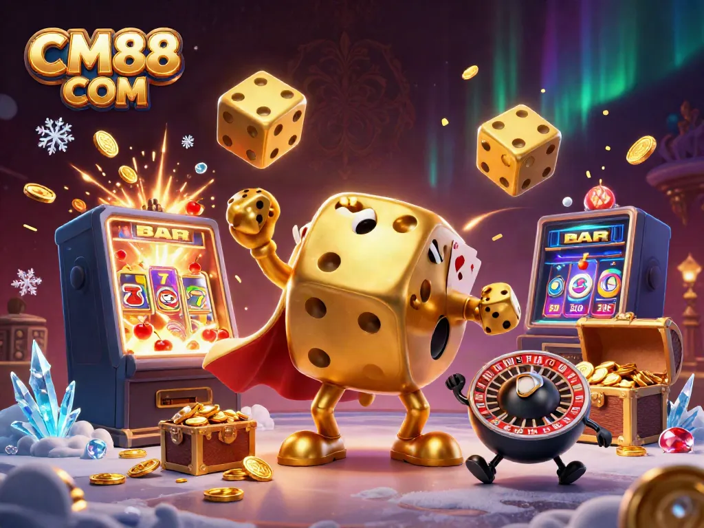 Engage with CM88 COM through vibrant casino elements, including golden dice and jackpots.
