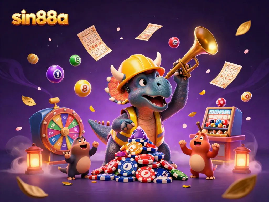 Join the fun at sin88a with a 3D triceratops celebrating casino wins surrounded by colorful game elements.