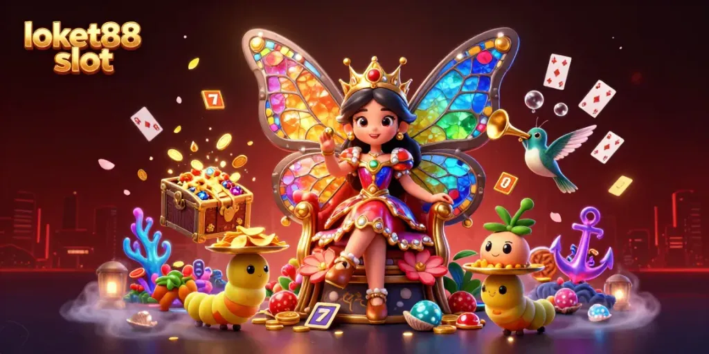 Spin the reels at loket88 slot with a vibrant 3D scene filled with a butterfly queen and treasures.