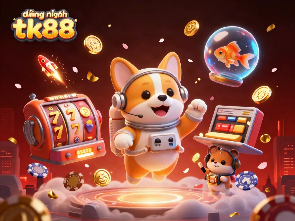 Experience excitement with dạng nhập tk88 in a vibrant space casino, lively with animated characters, coins, and game elements.
