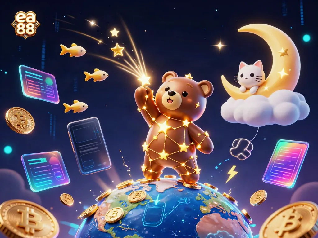 Play games with ea 88 and win big, featuring a cartoon constellation bear and neon crypto coins