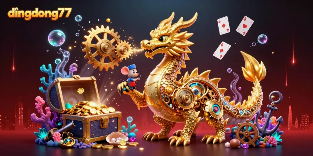 Experience the magic of dingdong77 with a golden dragon and dynamic treasure elements.