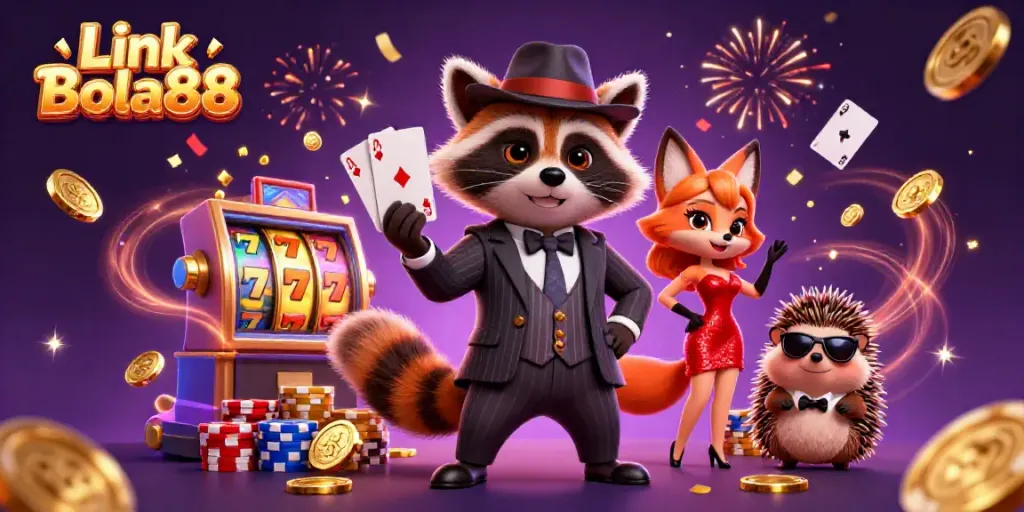 Experience the thrill of Link Bola88 with a charming raccoon, fox, and hedgehog celebrating casino wins.